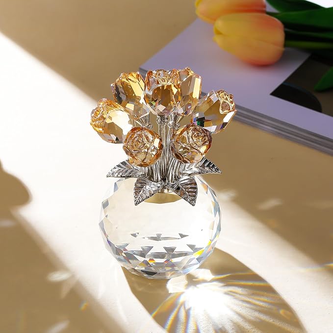 Arikyrist Crystal Gold Rose Bouquet Figurine with Round Vase, Glass Rose Flower Romantic Gifts for Women Mom on Christmas, Collectible Decoration Table Centerpiece for Home