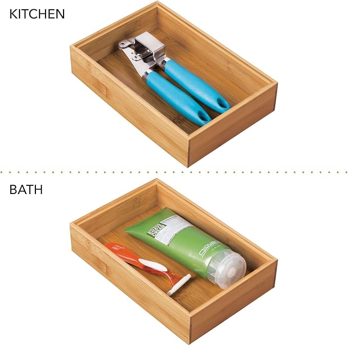 mDesign Pack of 2 Functional Drawer Organiser — Elegant Bamboo Kitchen Drawer Divider for Cutlery, Silverware, Utensils – Convenient Drawer Separator – Light Brown