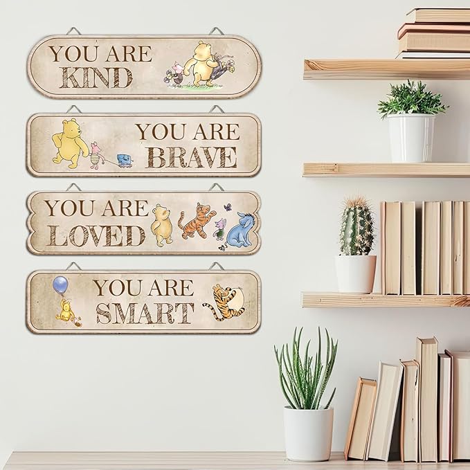 Hatzelou 4PCS Classic Winnie Baby Room Decor, Pooh Nursery Decor, the Pooh Wall Decor Sign Gifts, You Are Kind Brave Inspirational Quotes, Adorable Winnie Sign for Home Bedroom Nursery