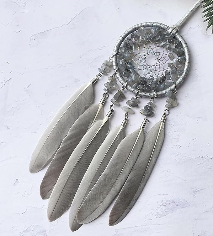 Car Rear View Mirrior Hanging Accessories Gray Dream Catcher Small, Crystals Stones Feather Pendant Interior Rearview Mirror Decoration