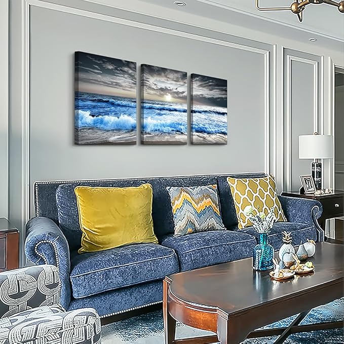 MHARTK66 3 Piece Canvas Wall Art - Blue Ocean Wave Seascape Pictures - Bedroom, Living Room, Office Wall Decor - Modern Home Decor