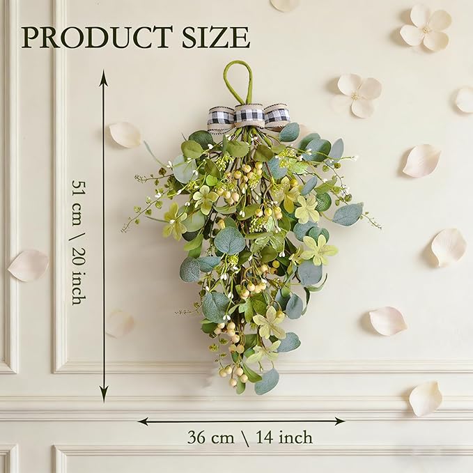 2 Pcs Eucalyptus Leave Swags, Greenery Teardrop Swag with Berries and Bow, 20 Inch Spring Summer Floral Swags for Front Door, Wall, Mantel and Window