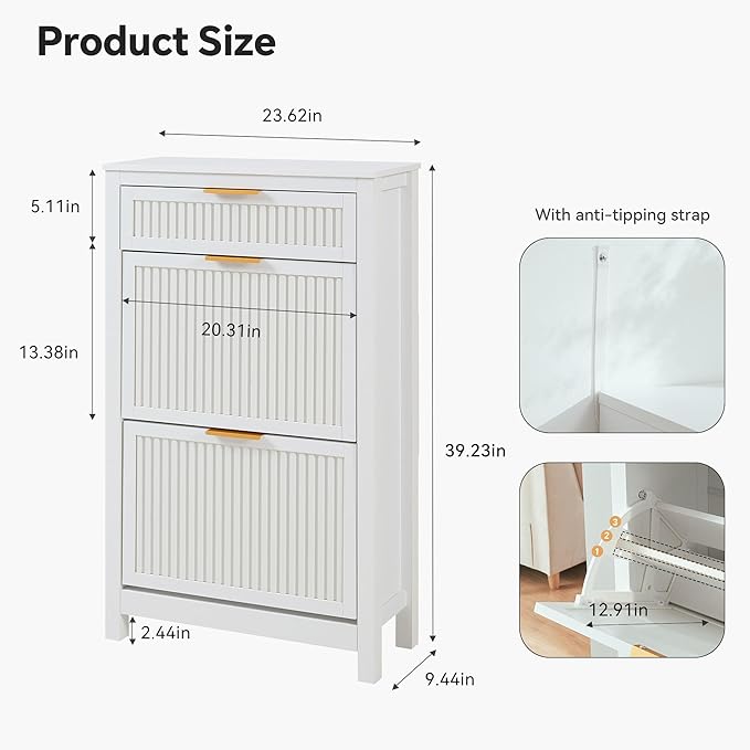 2 Flip Drawers Shoe Cabinet Storage for Entryway, Narrow Shoes Organizer Cabinet for Front Door Entrance, Free Standing Hidden Wooden Hallway Shoe Rack(White)
