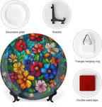 Stained Glass Theme Decorative Ceramic Plate Round Porcelain Plate,7 inch,Colorful Flowers Pattern,for Decorative Ornaments Giving Plates, 1 Plate with 1 Display Stand,Multicolor