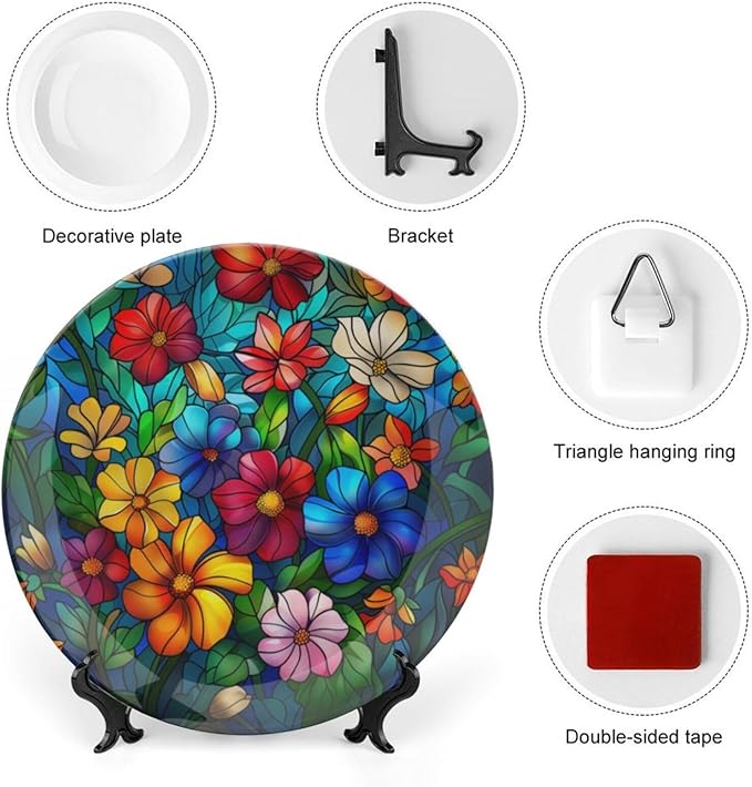 Stained Glass Theme Decorative Ceramic Plate Round Porcelain Plate,10 inch,Colorful Flowers Pattern,for Decorative Ornaments Giving Plates, 1 Plate with 1 Display Stand,Multicolor