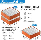 Fashion Leather Sock Underwear Drawer Organizer clothes, Closet Dividers，64 Cell (16+24+24) Foldable Leather Storage Box for Panties, Ties, Accessories（3 Pack）