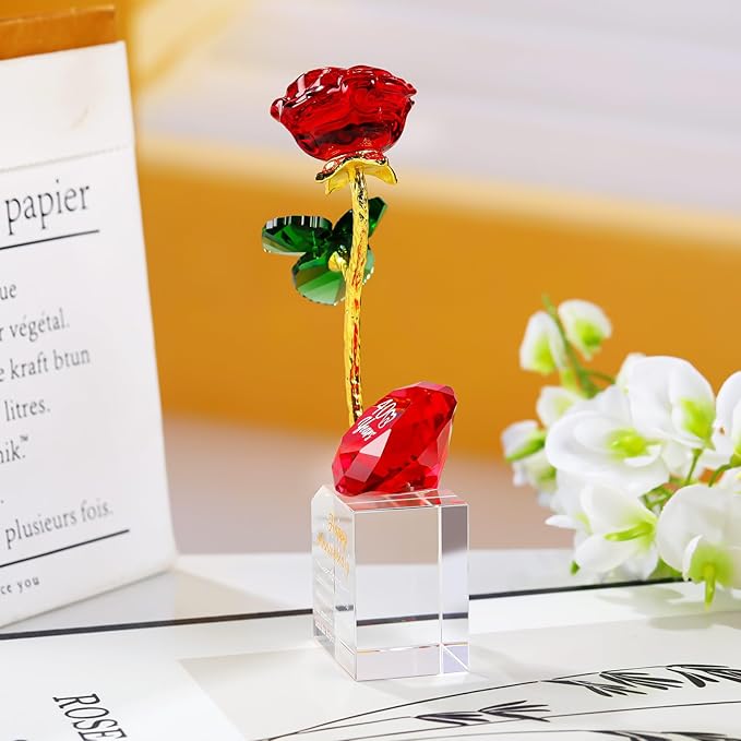 YWHL 40th Wedding Anniversary Rose Gifts for Parents, 40 Years Happy Anniversary Ruby Wedding Gift for Couples, Crystal Rose Figurine with Red Diamond, Romantic Valentines Day Present for Wife