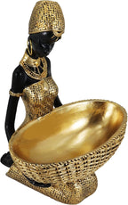 Lescafita Handmade African Seated Woman Sculpture - Gold Tribal Figure Holding Basket, Resin Home Decor for Shelf/Table, Unique Cultural Gift (9" H)