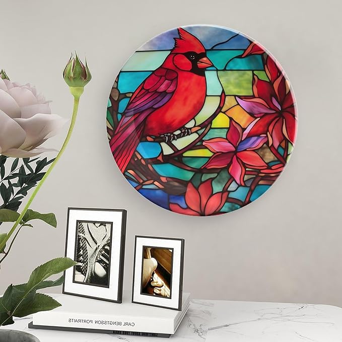 Decorative Plates, Cardinal Bird Stained Glass Design Ceramic Dinner Plate Home Wobble-Plate with Display Stand, Wall Hanging Decor for Dining Room Kitchen Household 8 Inch, Gifts for Loss of Loved