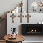 Yookeer 3 Pcs Wooden Cross Wall Decor Cross Hanging Handmade Antique Religious Brown Wooden Home Decorations Hand Carved Wall Decor for Church Home Office Baptism Gift for Christian