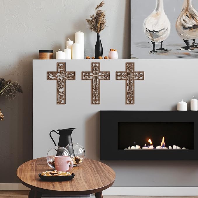 Yookeer 3 Pcs Wooden Cross Wall Decor Cross Hanging Handmade Antique Religious Brown Wooden Home Decorations Hand Carved Wall Decor for Church Home Office Baptism Gift for Christian