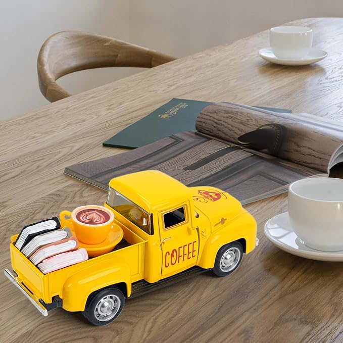 Vintage Mini Metal Pickup Truck with The Coffee Decor and The 4 Books,for Home Farmhouse Kitchen Decor & Coffee Decorations (Coffee-Yellow)