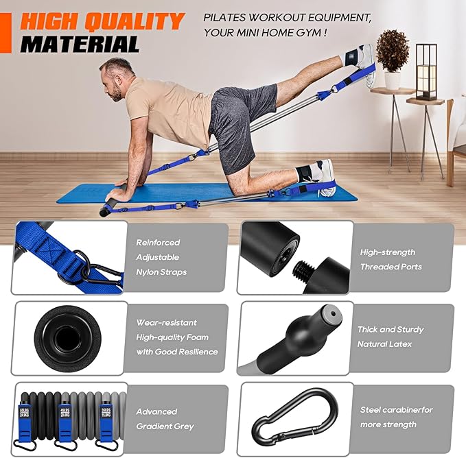 Pilates Bar Kit with Resistance Bands, Heavy Duty Pilates Equipment for Men, Training Bands with Handles for Legs, Hip, Back, Arm, Abs, Chest, Shoulders, Portable Home Gym Workout Equipment