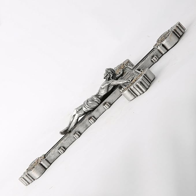 BC Catholic Crucifix Wall Cross, 12"H Jesus Christ Home Decor, Religious Gift, Vintage Silver Color Finish, Renaissance Sculpture Hand-painted by Buildclassic