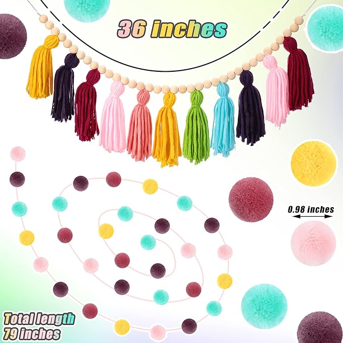 Syhood 3 Pcs Boho Tassel Garland Wall Hanging Decor 1 Boho Tassel Garland with Wood Beads and 2 Western Colorful Pom Pom Ball for Classroom Party Wedding Baby Shower Home Decorations(Fresh Colors)