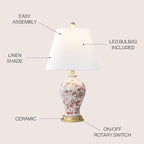 JONATHAN Y 24" White/Red French Country Ceramic Floral Urn Table Lamp, White Linen Shade, Chinoiserie Ginger Jar Bedside Lamp for Living Room Bedroom, LED Bulb (JYL3009C)