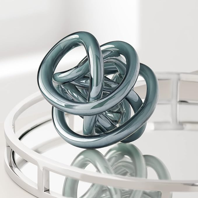 Torre & Tagus Orbit Hand Blown Glass Infinity Knot Sculpture - 4.5 Inch Glass Art Gray Knot Decor Ball for Home Decor, Small Centerpiece Table Decoration for Home Interior (Gray Opaque)