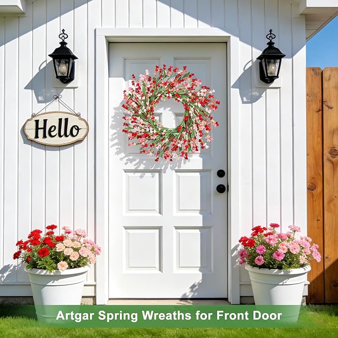 Artgar Front Door Wreath 26 Inch Spring/Summer Wreaths for Front Door, Front Door Wreaths for All Seasons for Indoor Outdoor Home Office Wall Window Wedding Farmhouse Decor (Red Pink)