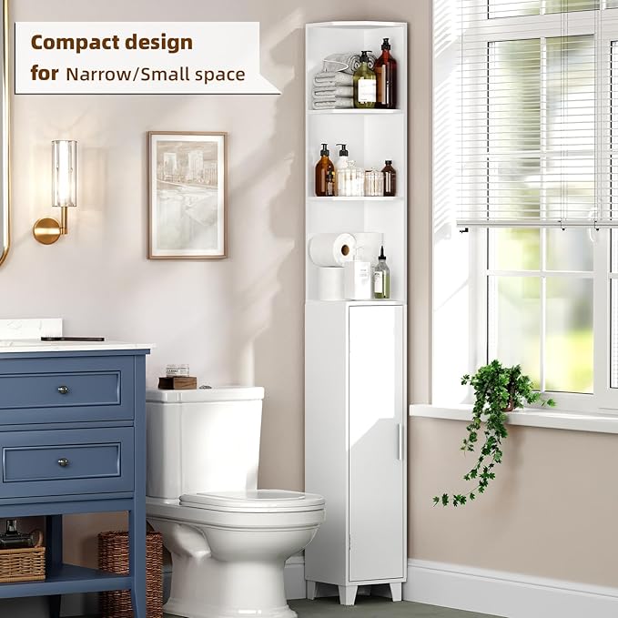 MOHOPE Corner Shelf with Cabinet, 74.8" Tall Corner Cabinet with Door, 5-Tier Narrow Bookshelf with Adjustable Shelves, Display Cabinets for Living Room, Bathroom, Dining Room, Small Space, White