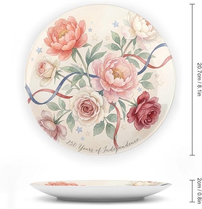 250th Anniversary Decorative Plates 8 Inch Watercolor Floral Patriotic Decorations Commemorative Plates with Stand Memorial Day 4th of July Veterans Day Home & Office
