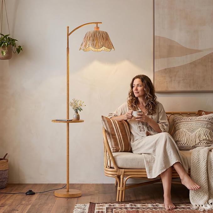 Oneach 63.5" Floor Lamp with Table for Living Room, Boho Rattan Standing Lamps with Foot Switch, Farmhouse Floor Lamp for Bedroom, Arc Tall Lamp with Metal Base&Pole, Bulb not Included, Woodgrain