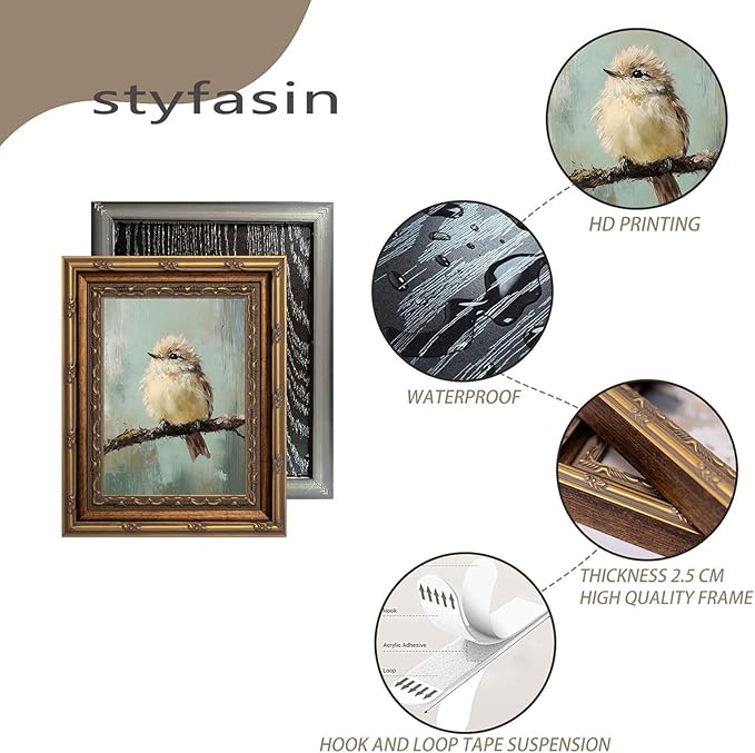 Gold Framed Bird Canvas Wall Art Vintage Bird Beige Sparrow painting Decor Pictures Sparrow on Branch Bedroom Living Posters Prints for Corridor Classroom Bedroom Kitchen Room Decoration