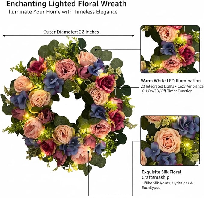 Svndlyn 22 Inch Pre-lit Artificial Spring Wreath for Front Door with Timer - 20 LED Lights, Pink Rose Peony & Eucalyptus Floral Decor, Battery Operated Summer Wreath for Indoor Covered Outdoor