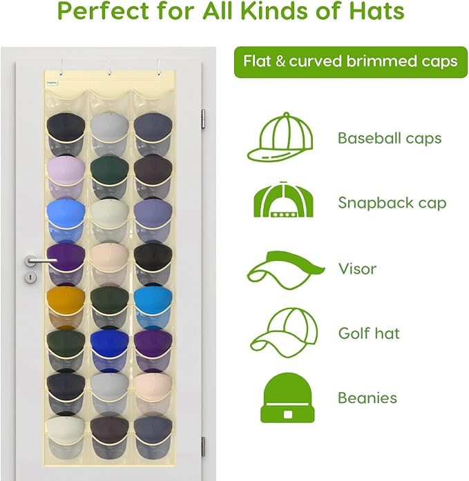 Unjumbly Baseball Hat Rack, 27 Pocket Over-The-Door Hat Organizer with Clear Deep Pockets to Display Baseball Caps Collection, Complete with 3 Over Door Hooks (Beige, 27 Pockets)