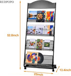 4-Tier Heavy Duty Magazine Display Rack School Furniture - Metal Brochure Holder with 4 Lockable Wheels, Detachable Literature Stand with Back Storage Floor Standing Rack (58.2" H×25" W)