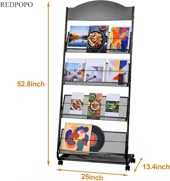 4-Tier Heavy Duty Magazine Display Rack School Furniture - Metal Brochure Holder with 4 Lockable Wheels, Detachable Literature Stand with Back Storage Floor Standing Rack (58.2" H×25" W)