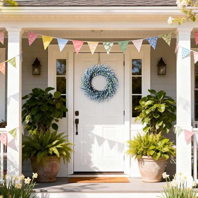 26 Inch Spring Wreaths for Front Door, Large Artificial Forsythia Flowers Wreath, Spring Summer Floral Wreath All Season for Home, Wall, Window, Porch, Wedding, Farmhouse Decor (Blue)