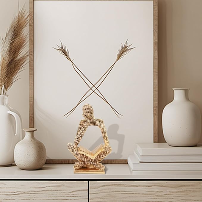 Sparkling Gold Reading Women Statue, Thinker Sculptures, Abstract Art Ornament, Modern Aesthetic Figurine Decoration for Home Living Room Bedroom Office Shelf Table Desk Bookshelf Decor