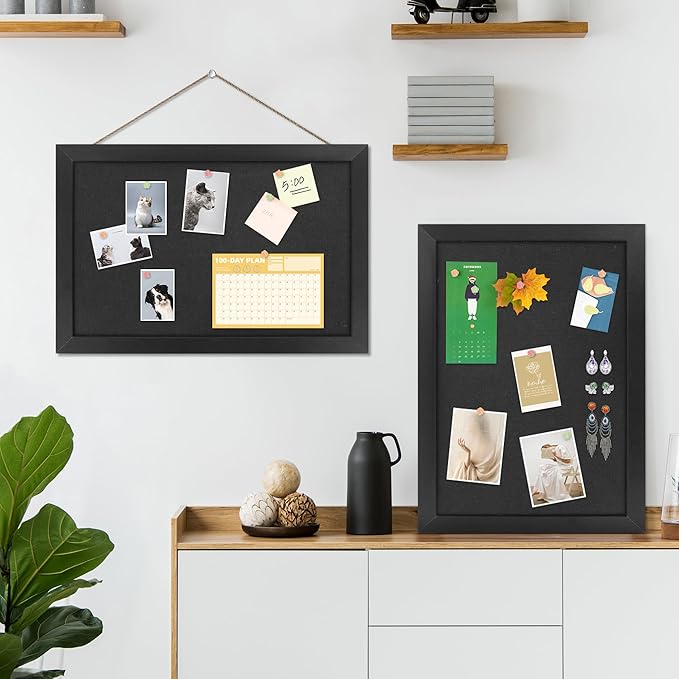 AKTOP 2-Pack Black Cork Board with Linen 16.7" X 11", Small Framed Bulletin Board for Wall, Hanging Pin Board Picture Board for Home Office Decor, Cute Vision Board with 25 Pushpins