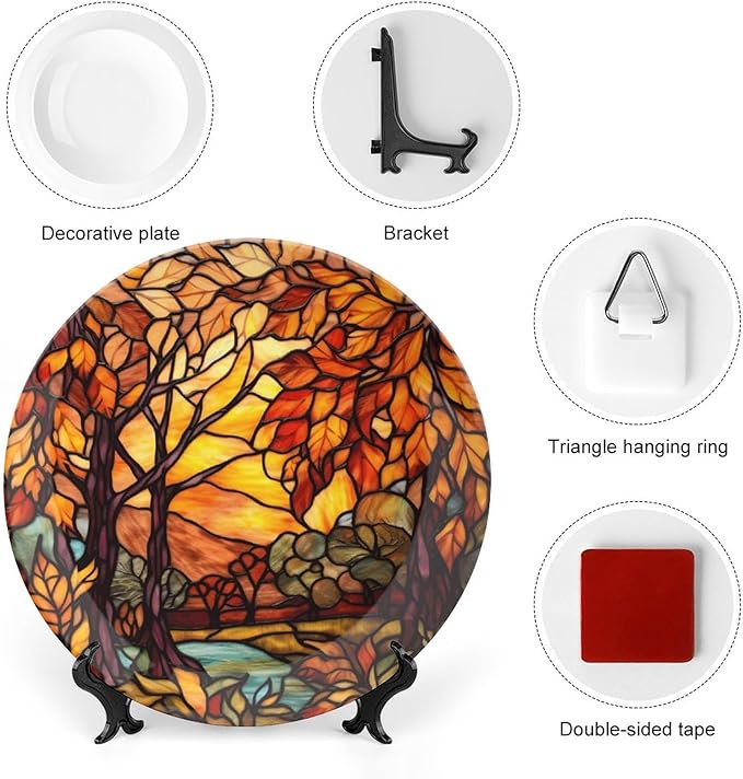 Thanksgiving Decorative Plates for Home Decor, Stained Glass Design Fall Tree Landscape Decor Tray for Table Display, Ceramic Dinner Plate W/ Stand, Decor for Kitchen, Housewarming Gifts, 10 Inch