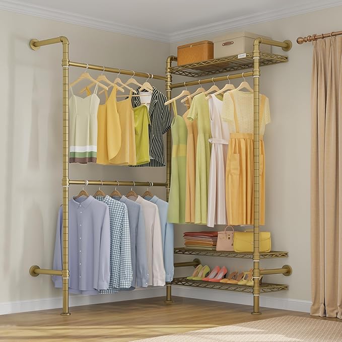 Timate L2 Wall Mounted Clothes Rack Industrial Pipe Clothing Rack for Hanging Clothes, Adjustable Expandable Garment Rack Heavy Duty Closet Organizer, Gold Mounted Closets Industrial Closet System