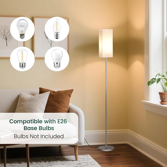 64.6'' Floor Lamp, Pole with Foot Switch, Modern Standing Lamp Lamp, Minimalist Freestanding Lamp (Bulb Not Included), for Living Room, Bedroom Office ETL Listed, Silver and Beige, SE07LD05