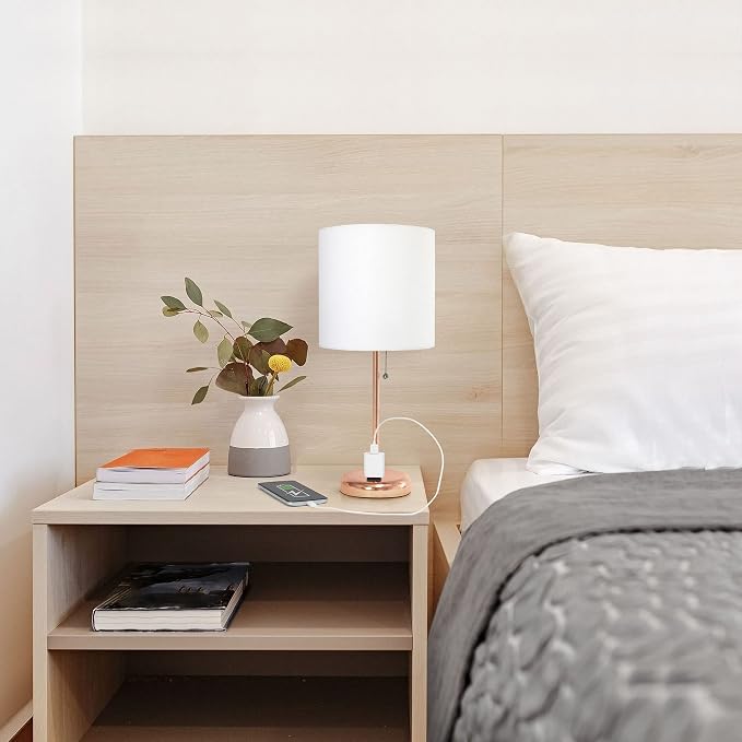 Oslo 19.5" Contemporary Bedside Power Outlet Base Standard Metal Table Desk Lamp in Rose Gold with White Drum Fabric Shade