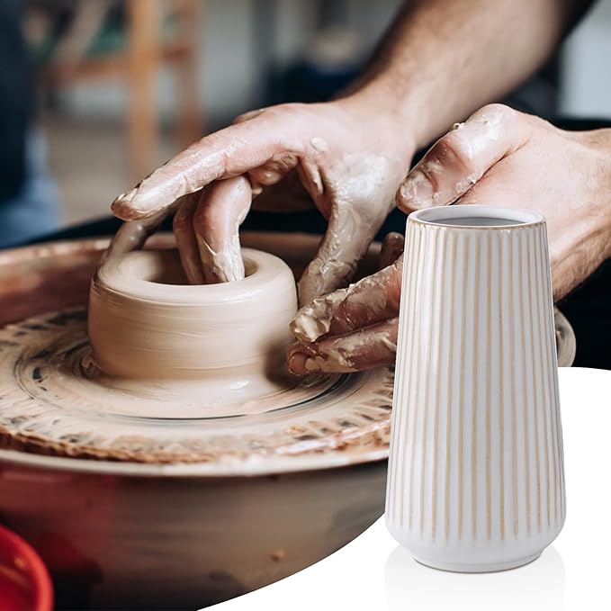 Ceramic Vase, GUKJOB Small Cute Flower Vase for Pampas Grass, Home, Living Room, Dining Table, Farmhouse, Office Decor, Bedroom, Table, and Kitchen Shelf (Yellow Ribbed)