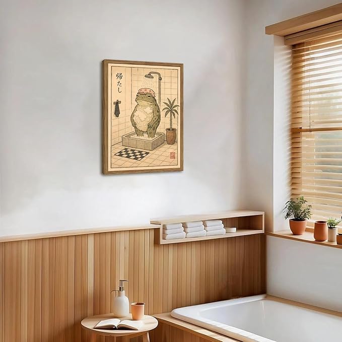 Funny Japanese Frog Bathroom Wall Art Whimsical Frog Shower Wall Decor 16x24 inch Wood Framed, Eclectic Japan Animal Bathroom Poster Painting Canvas Prints Aesthetics