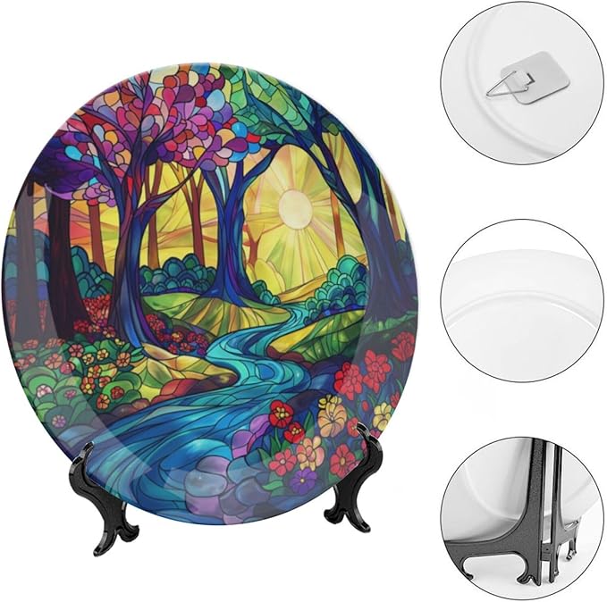 Stained Glass Theme Decorative Ceramic Plate Round Porcelain Plate,10 inch,Sunrise Forest Stream Pattern,for Decorative Ornaments Giving Plates, 1 Plate with 1 Display Stand,Multicolor