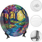 Stained Glass Theme Decorative Ceramic Plate Round Porcelain Plate,6 inch,Sunrise Forest Stream Pattern,for Decorative Ornaments Giving Plates, 1 Plate with 1 Display Stand,Multicolor