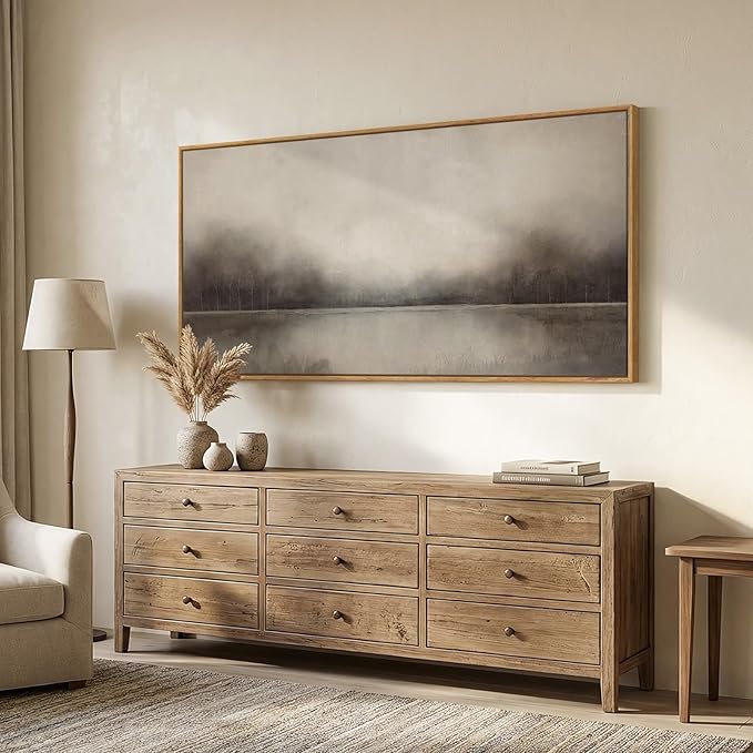 Large Framed Rustic Canvas Wall Art for Living Room, Neutral Abstract Nature Modern Prints Paintings Artwork for Walls, Horizontal Lake Landscape Pictures Wall Decor for Bedroom and Office, 30x60 In