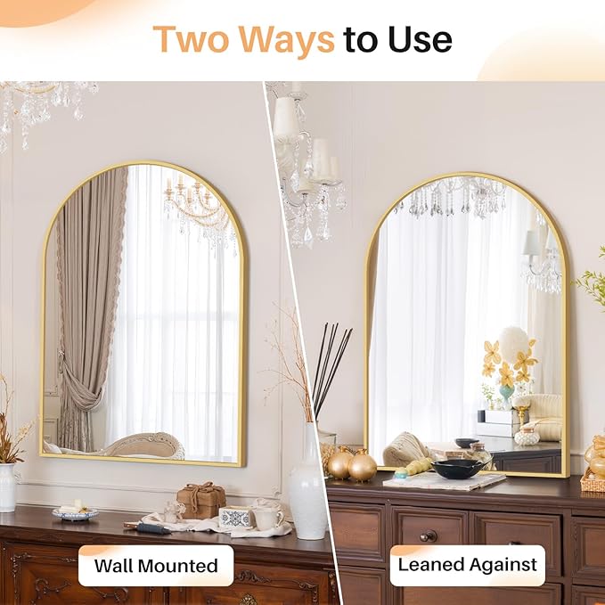Bathroom Mirror for Wall, 30x20 Inch Arched Mirror, Matte Gold Metal Framed Bathroom Vanity Mirror for Restroom Farmhouse, Anti-Rust, Tempered Glass, Hanging or Leaning