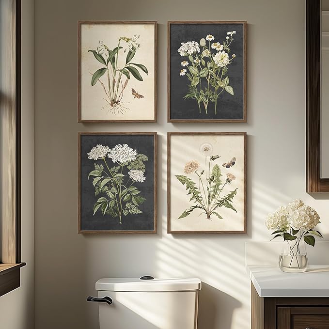 Framed Botanical Wall Art, 4 Piece Vintage Farmhouse Floral Canvas Painting Prints Artwork for Bathroom Walls, Rustic Flower Butterfly Pictures for Kitchen Bedroom Hallway Home Decor, 8x10 Inch