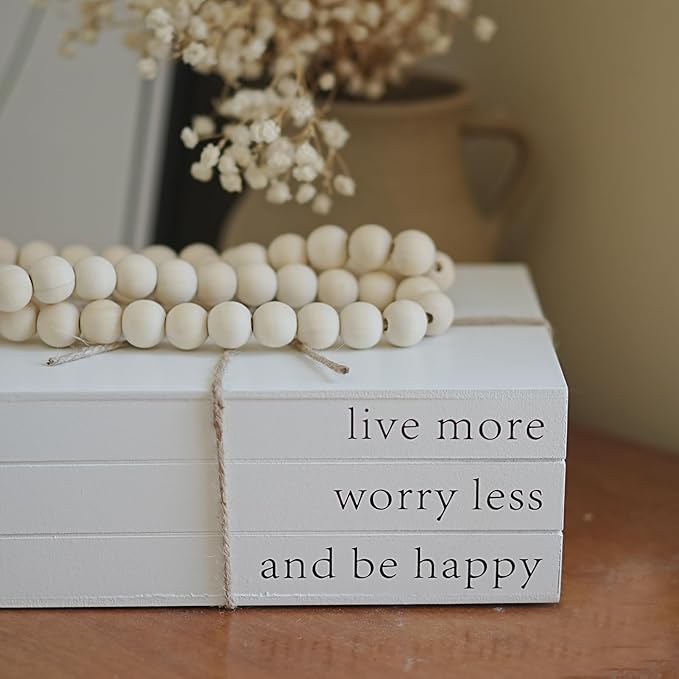 Decorative Books for Home Decor, Wooden Faux Book for Decoration, Farmhouse Stacked Display Books (Live More Worry Less)