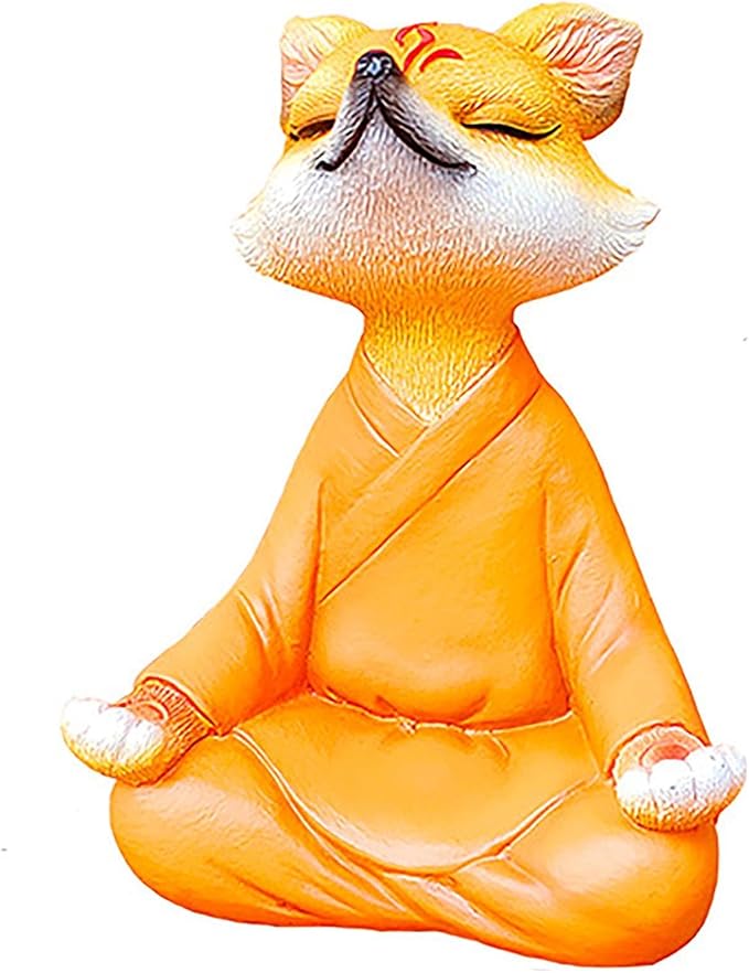 Orange Resin Meditating Fox Statue, Zen Yoga Figurine, Feng Shui Decor for Desktop Bookshelf Indoor Outdoor Plants Home Garden, Spiritual Gifts for Yoga & Meditation Lovers