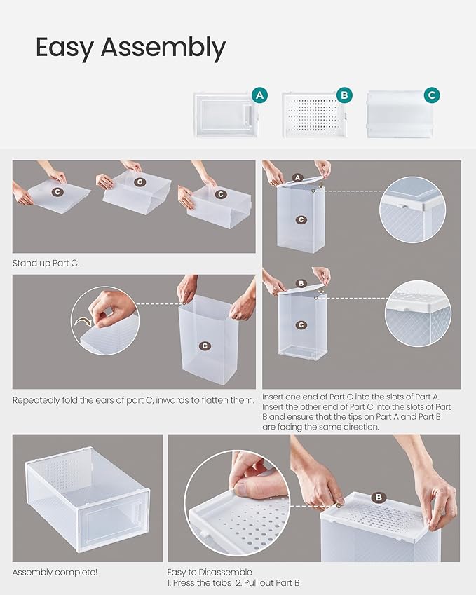 SONGMICS Shoe Boxes, Pack of 18 Shoe Storage Organizers, Stackable Clear Plastic Boxes for Closet, Sneakers, 13.1 x 9.1 x 5.6 Inches, Transparent and White ULSP18SWT