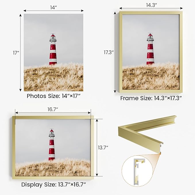 14x17 Aluminum Metal Picture Frame,Tempered Glass Gold Photo Frame 14x17 for Family Photo,Posters,Art,Document to Wall Mount Horizontally or Vertically