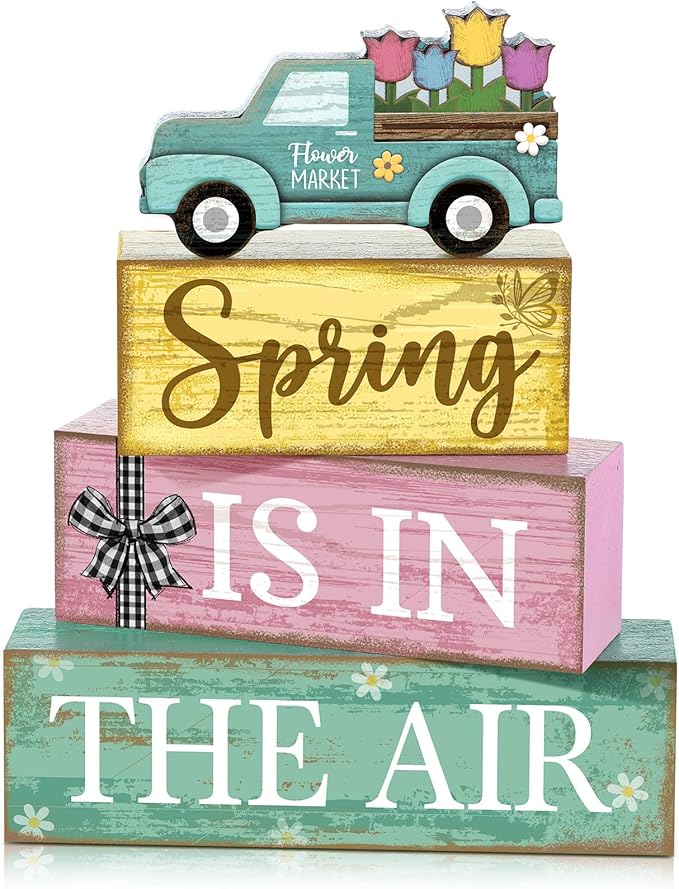 Moucuny 4 Pcs Spring Table Decor Wooden Blue Truck Decoration Flower Centerpiece Spring Tiered Tray Decor Decorative Colorful Flower Block Signs Gift Farmhouse Decoration for Home Kitchen
