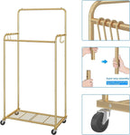 Simple Trending Double Rod Clothes Garment Rack, Heavy Duty Clothing Rolling Rack on Wheels for Hanging Clothes,with 4 Hooks, Gold